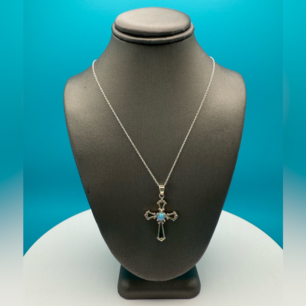 Silver Cross Pendant Necklace With Blue Opal